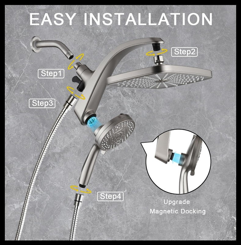 High Pressure Rain Shower Head w/ Handheld 10-Spray Combo Detachable Jets Silver6