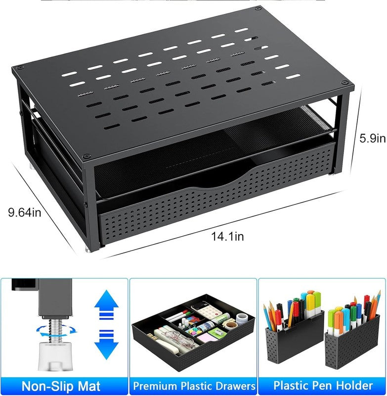 Stylish Black Desk Organizer with Monitor Stand, Drawer & 2 Pen Holders5