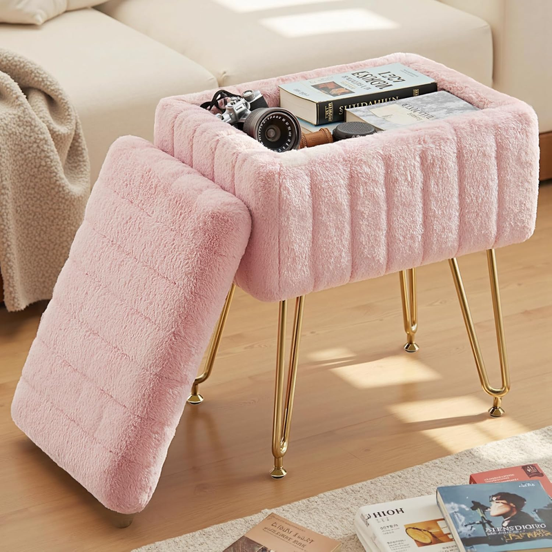 Vanity Stool Ottoman with Storage Faux Fur Seat Footrest Chair 4 Metal Legs Pink8