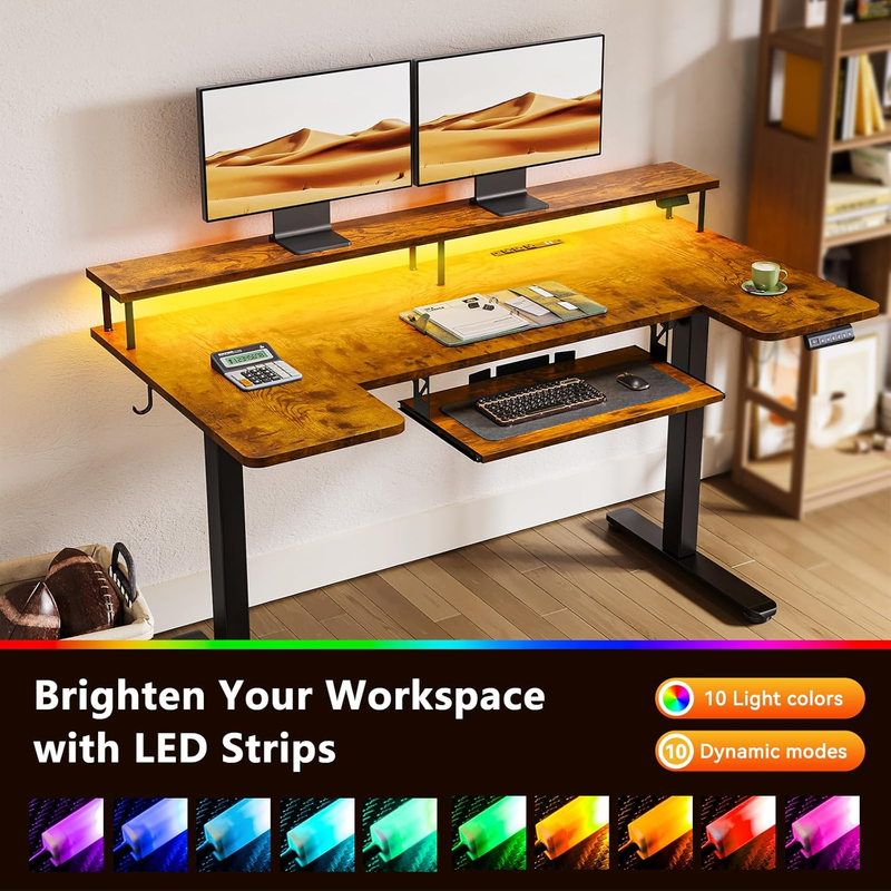 55" U Shaped Electric Standing Desk w/ Keyboard Tray Rustic Brown6