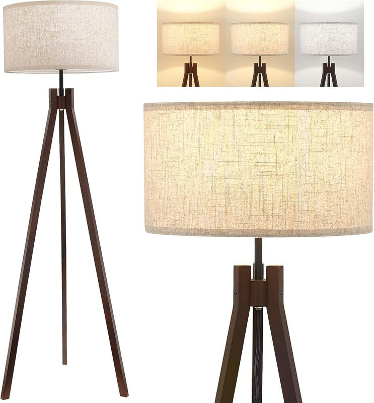 Wood Tripod Floor Lamp 3 Color LED Mid Century Reading Linen Shade Walnut8