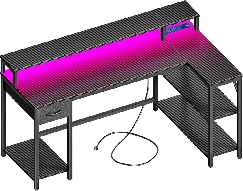 53'' Reversible L Shaped Gaming Desk LED Lights Power Outlets Carbon Black10
