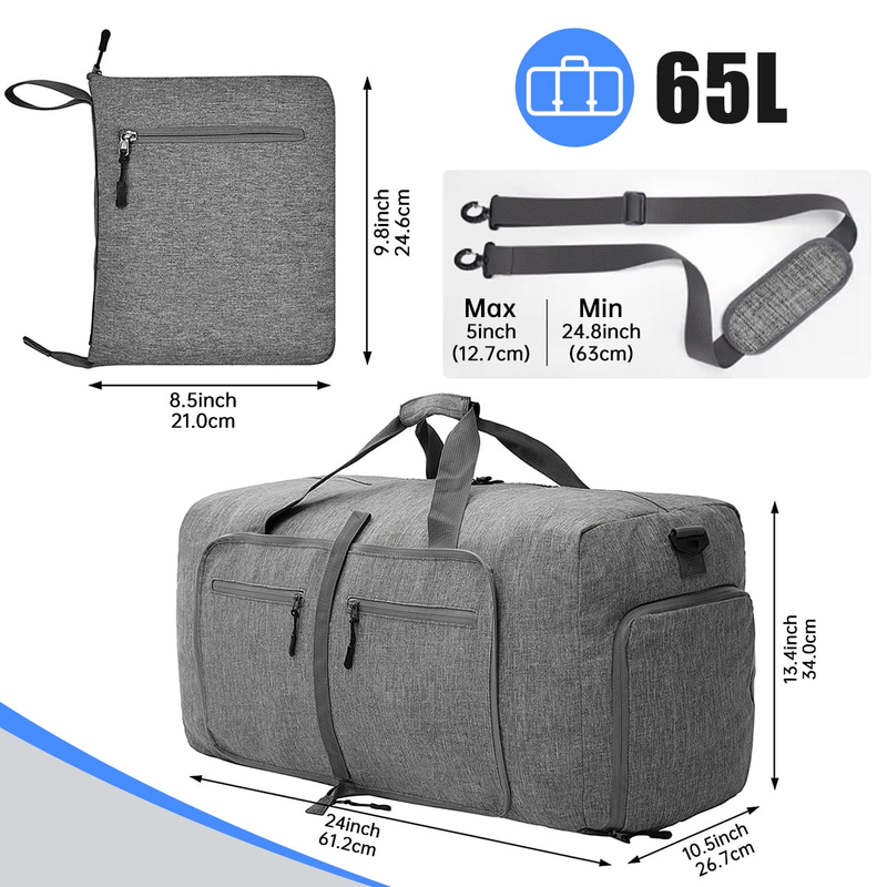 65L Foldable Travel Duffle Bag w/Shoe Compartment Waterproof Gray4