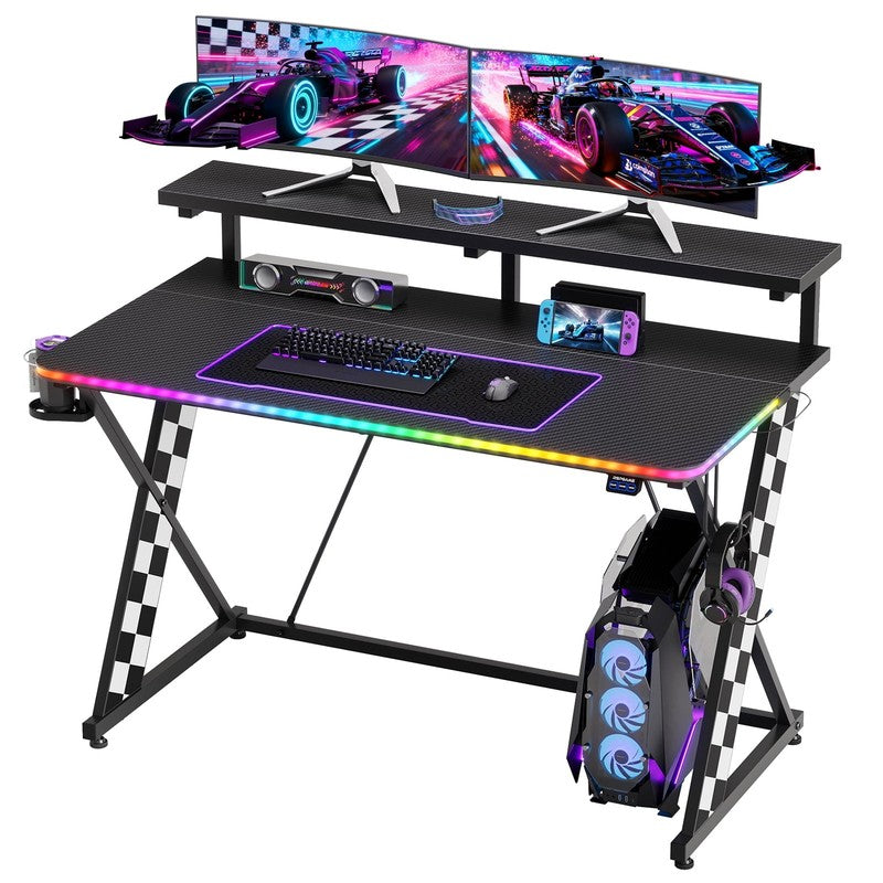 43" X-Shaped Gaming Desk Music Sync LED with Monitor Stand White Racing3
