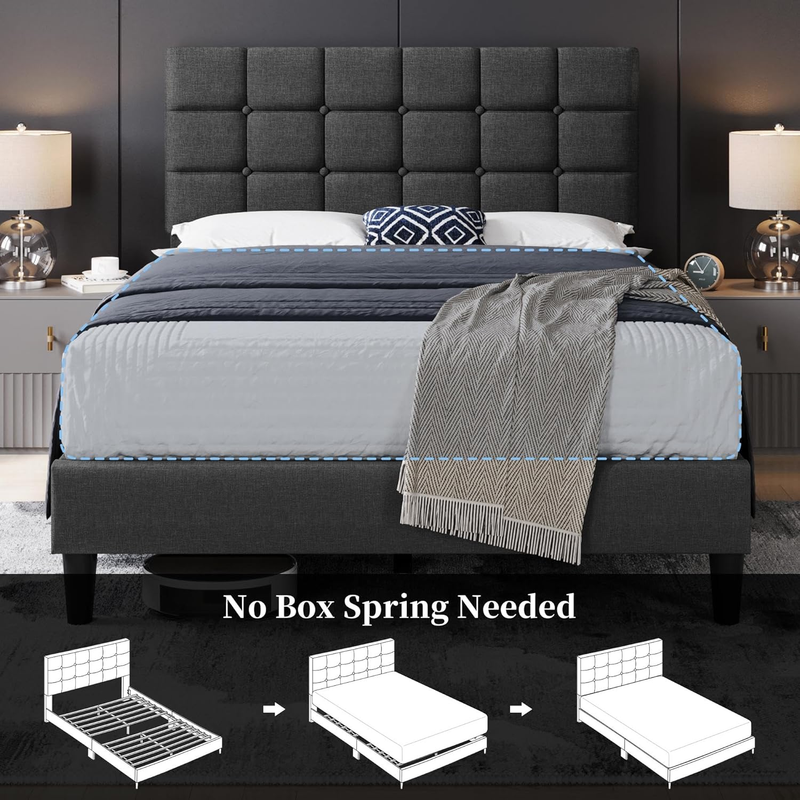 Upholstered Full Bed Frame Tufted Headboard Adjustable Wood Slats Dark Gray7