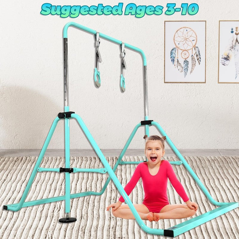 Folding Kids Gymnastics Bar w/ Rings Sturdy Kip Bar Horizontal Home Gym3