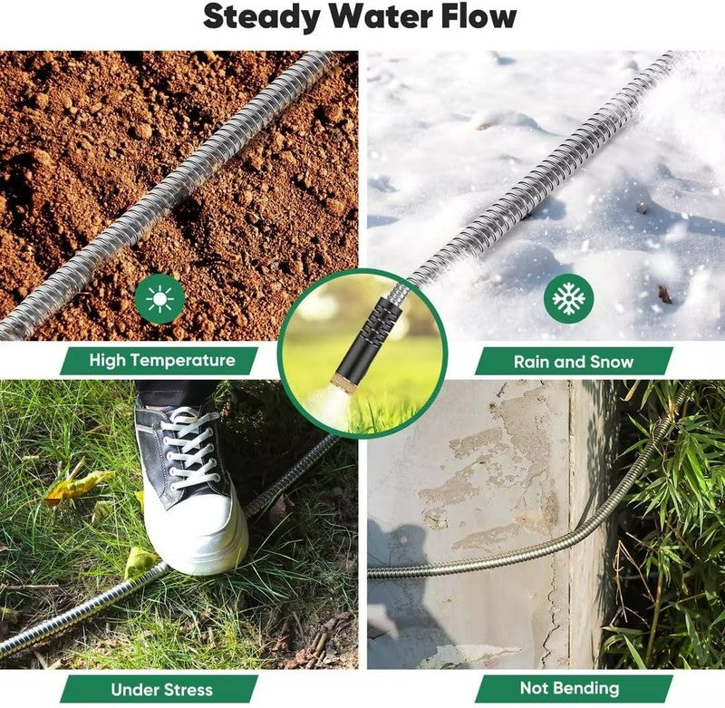 50Ft Heavy Duty Stainless Steel Garden Hose with 10 Nozzles, No Kink1