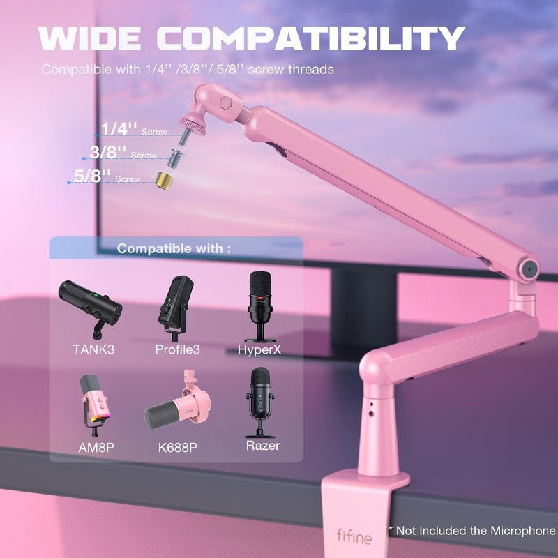 Low Profile Pink Boom Arm Mic Stand with Cable Management for Streaming Podcast2