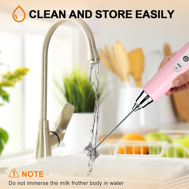 Milk Frother Handheld USB Rechargeable 3 Speed 3 Heads Coffee Whisk Pink6