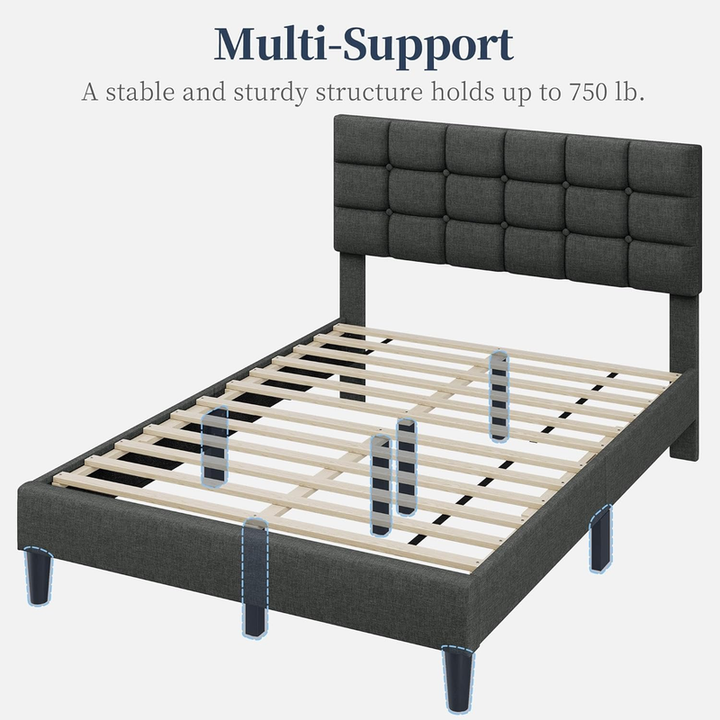 Upholstered Full Bed Frame Tufted Headboard Adjustable Wood Slats Dark Gray8