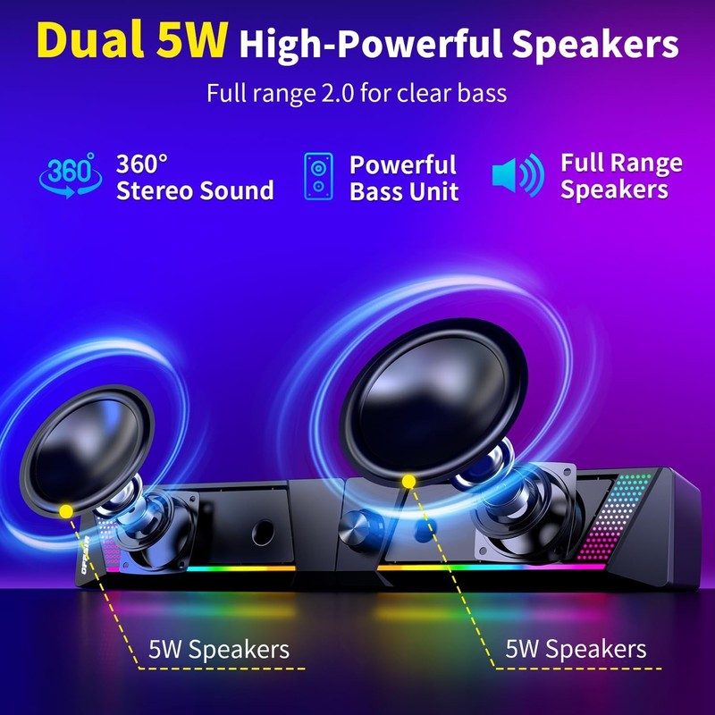 2in1 RGB Computer Speakers USB Powered 3.5mm Aux PC Gaming Desktop Black2