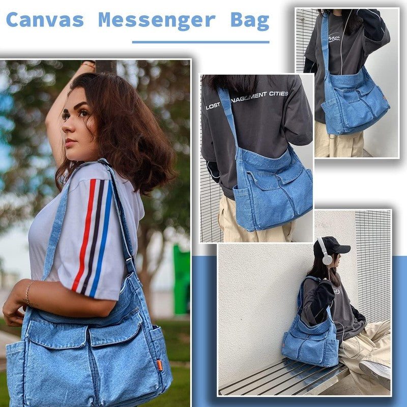 Canvas Messenger Bag Large Hobo Crossbody Multiple Pockets Shoulder Tote Unisex1