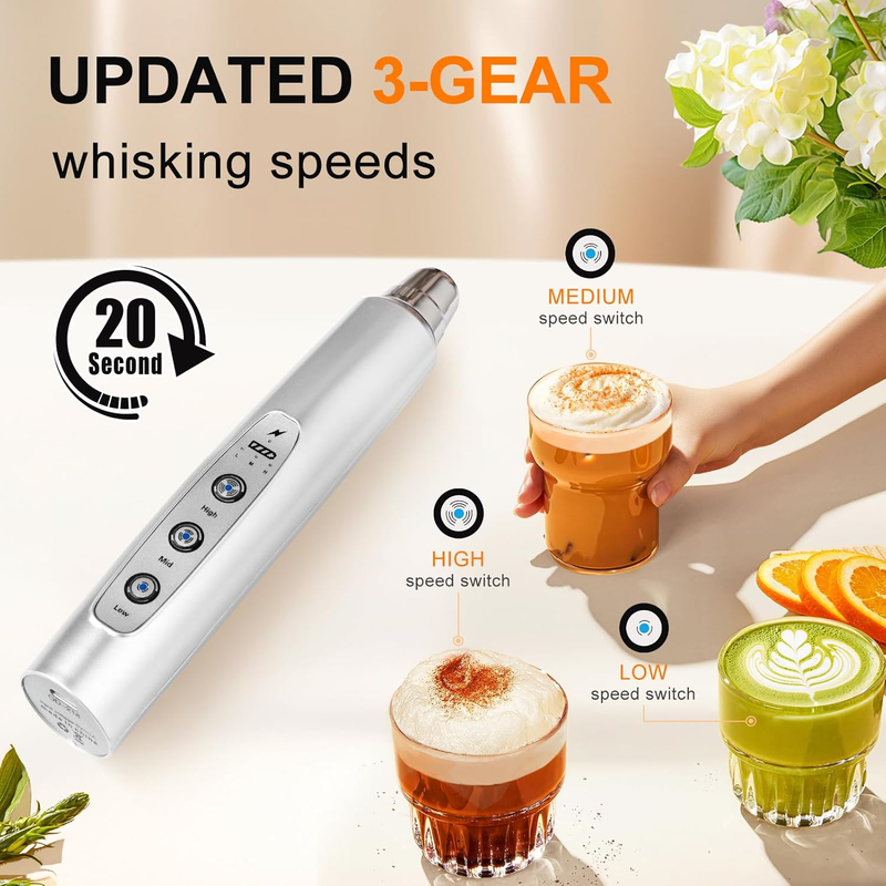 Milk Frother Handheld Rechargeable 3 Speed 3 Heads Silver Coffee Whisk2