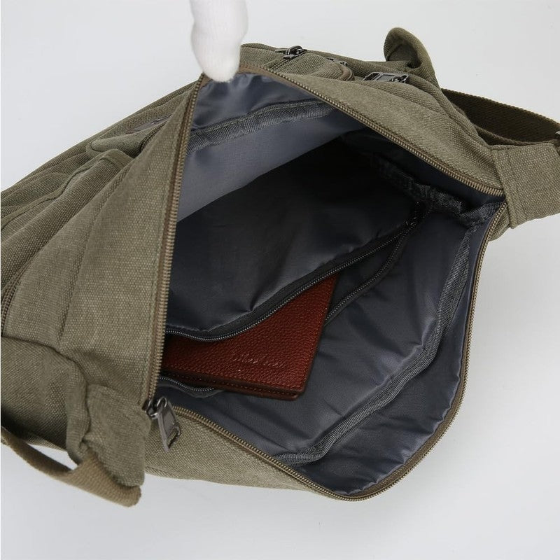 Canvas Shoulder Bag Men Multi Pocket 13 Inch Laptop Crossbody Travel Bag6