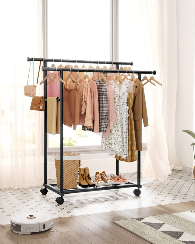 Clothes Rack with Double Hanging Rods and Bottom Shelf, Rolling Metal Garment Ra9