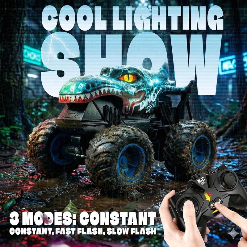 RC Monster Truck Toy Dinosaur Car Light Music 30° Spin Drifting Kids Blue2