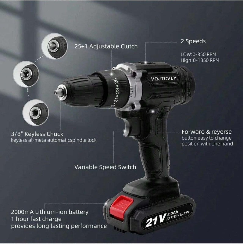 21V Cordless Drill Power Tool Set 25+1 Torque 2-Speed Electric Drill Black1