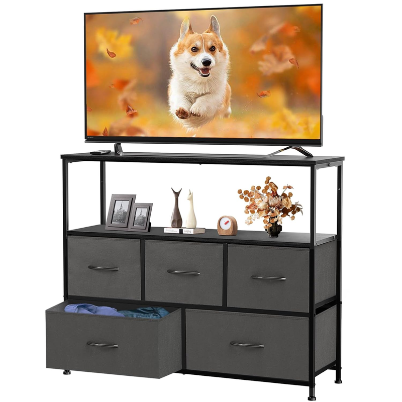 45” TV Stand Dresser 5 Fabric Drawers Media Console Open Shelf Grey10