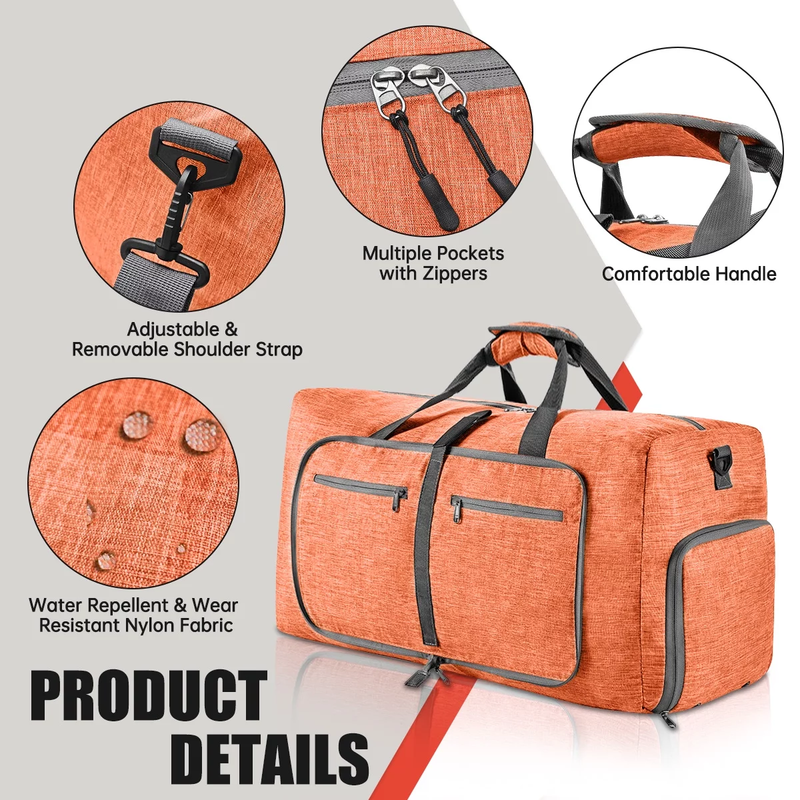 65L Foldable Travel Duffle Bag w/Shoe Compartment Water Repellent Orange1
