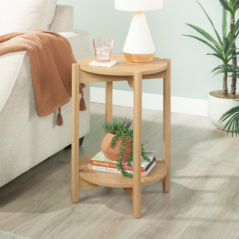 round Modern Dowel End Table, Natural Teak Finish0