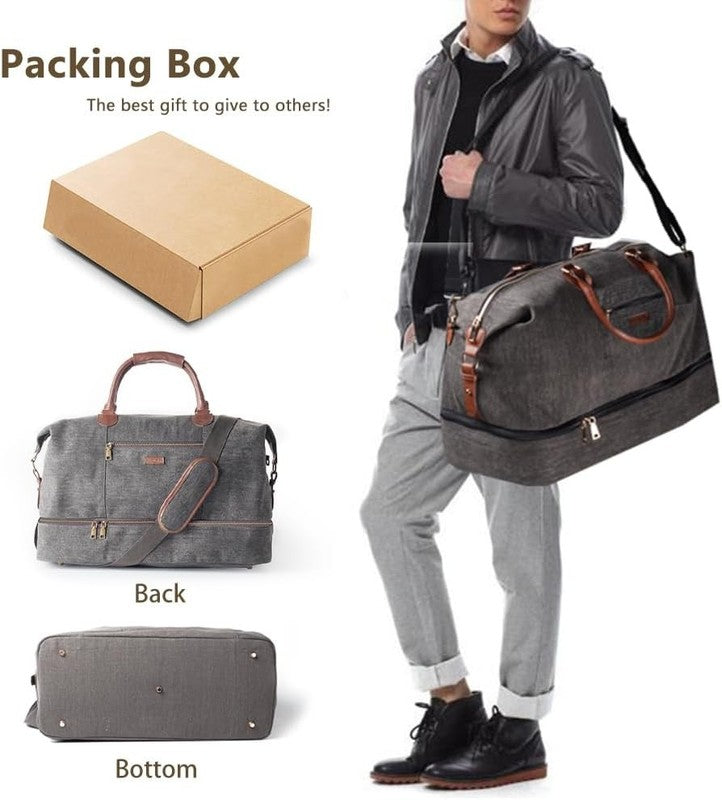 Canvas Weekender Duffle Bag Grey Carry On Travel Tote w/ Shoe Pouch2
