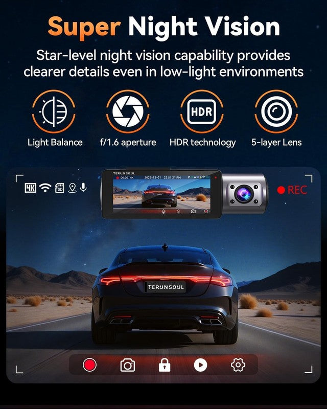4K+1080P+1080P 3-Channel Dash Cam Front/Rear Black GPS WiFi Night Vision2