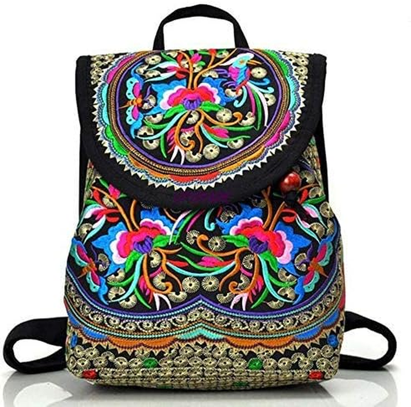 Women Embroidered Backpack Boho Floral Mini Travel Shoulder Bag Lightweight Red7
