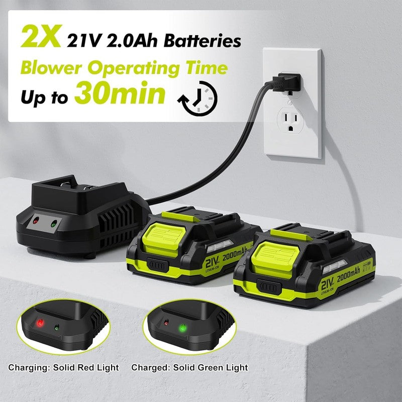 Leaf Blower Cordless   21V Powerful Electric Leaf Blower with 2 Batteries and Ch1