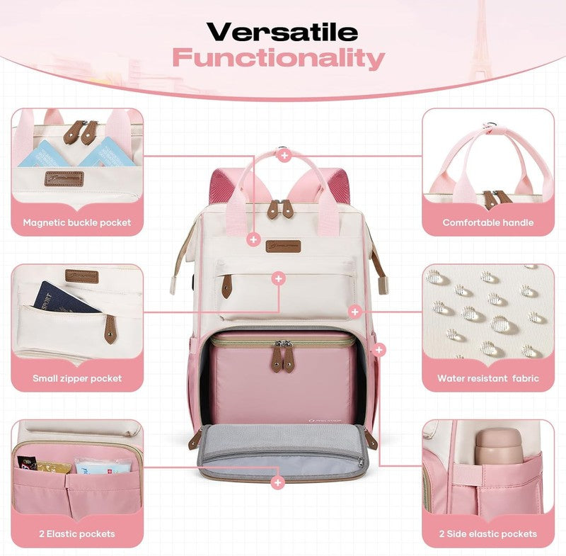 Travel Laptop Backpack 15.6 17.3" Nurse Work Bag w/ Lunch Pink Beige6