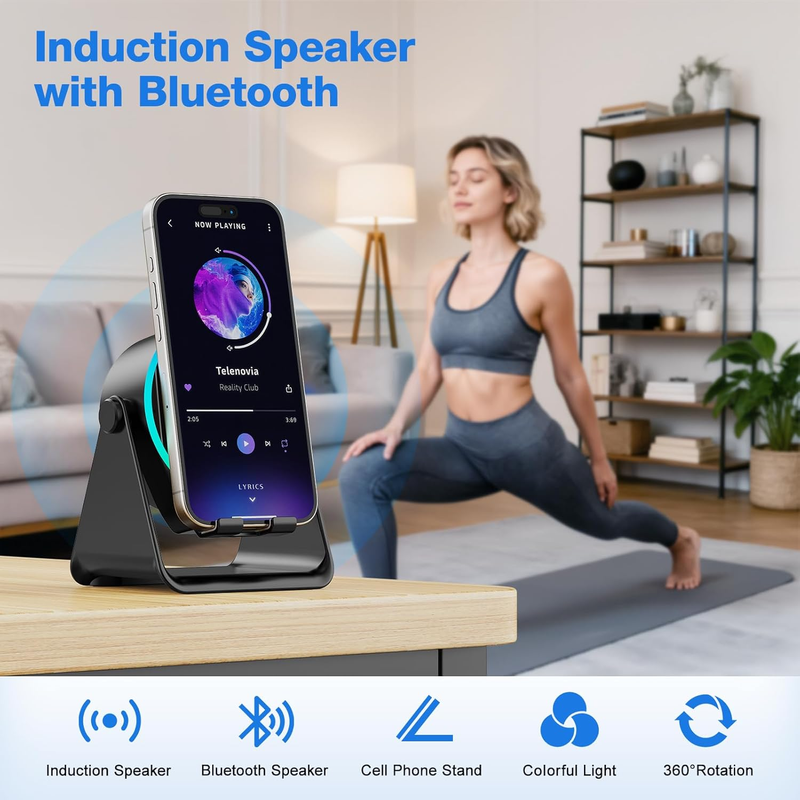 Wireless Induction Speaker, 5 in 1 Bluetooth Speaker with Cell Phone Stand, HD S1