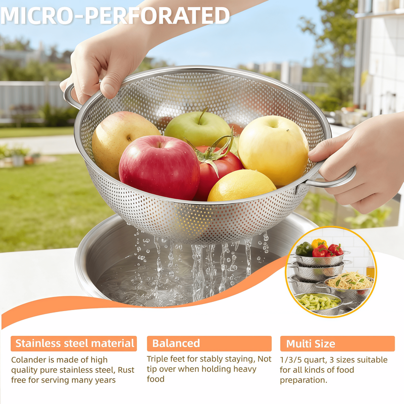 3 Pack Stainless Steel Colander Set (1 3 5Quart), Colanders & Food Strainer, Str3