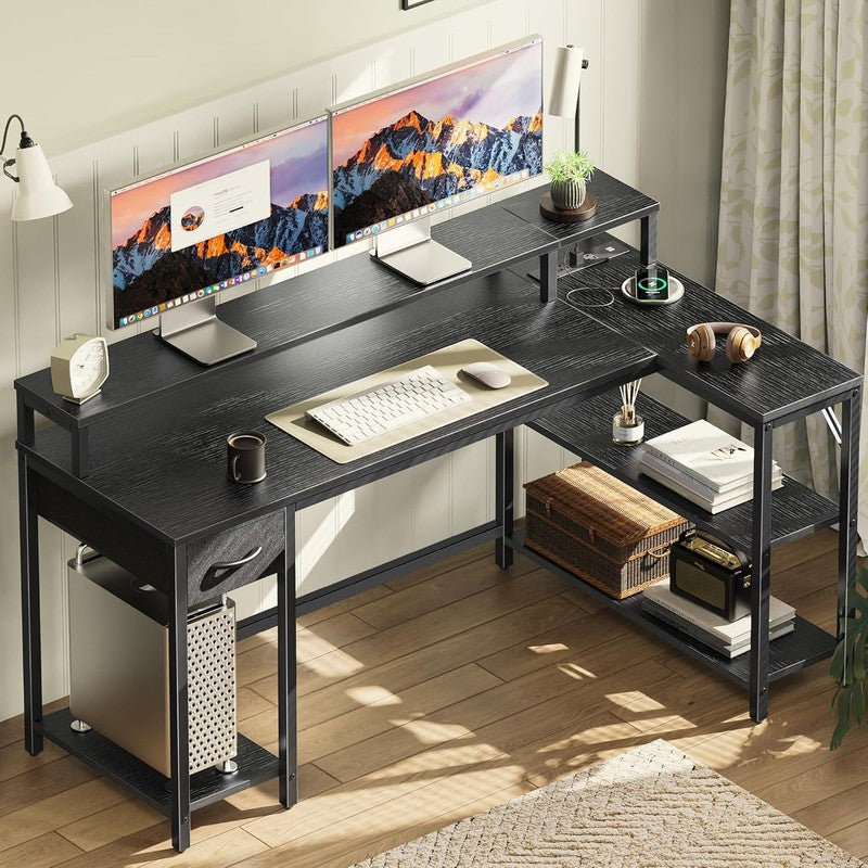 53'' L Shaped Gaming Desk LED Lights Power Outlets Reversible Black8