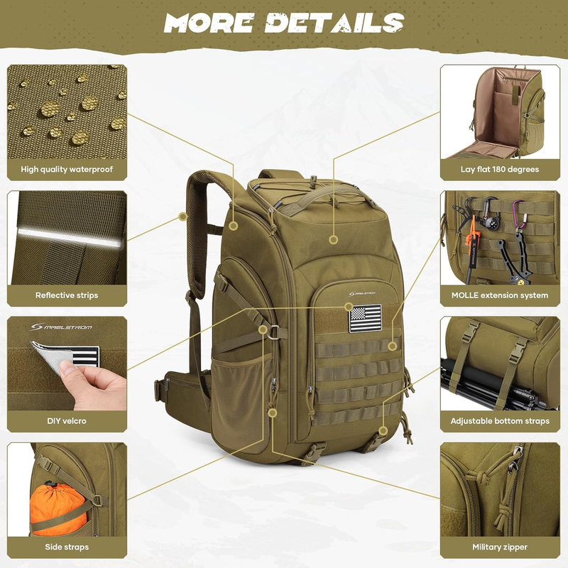 Tactical Backpack 40L Men Water Resistant Hiking Camping Gym Molle Khaki1