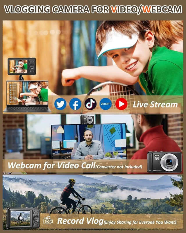 5K Digital Camera 72MP UHD Point & Shoot 16X Zoom 2.8" Screen Flash w 32GB5