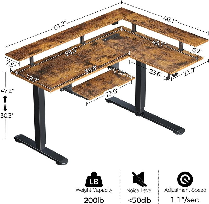 L Shaped Electric Standing Desk w/ Keyboard Tray LED Power Rustic Brown2