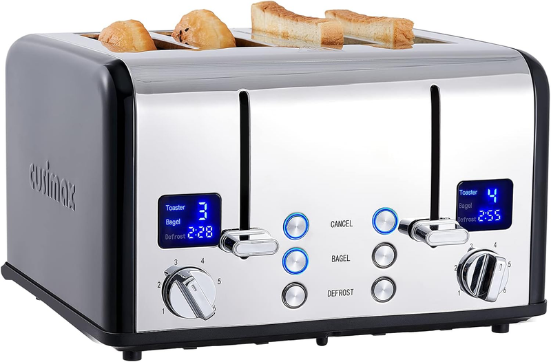 4 Slice Black Stainless Steel Toaster LED Wide Slots Bagel Defrost Cancel10