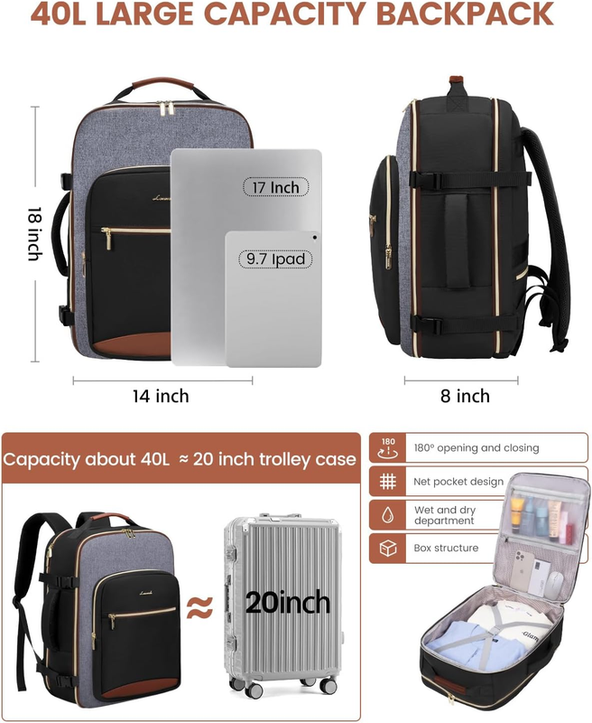 40L Travel Backpack Carry On TSA Approved 17in Laptop 3 Packing Cubes3