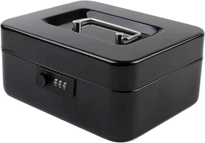 Secure Medium Cash Box with Combination Lock & Tray - Black 7.87"x6.30"x3.54"10