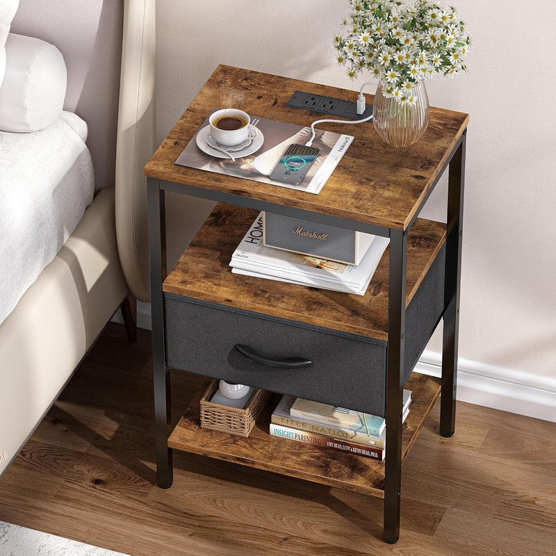Nightstand with Charging Station, Bed Side Table with Adjustable Fabric Drawer1