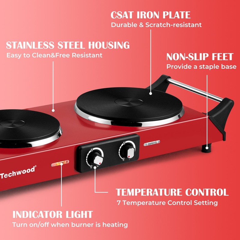 1800W Dual Burner Electric Hot Plate Stove, Portable Cooktop, Red6