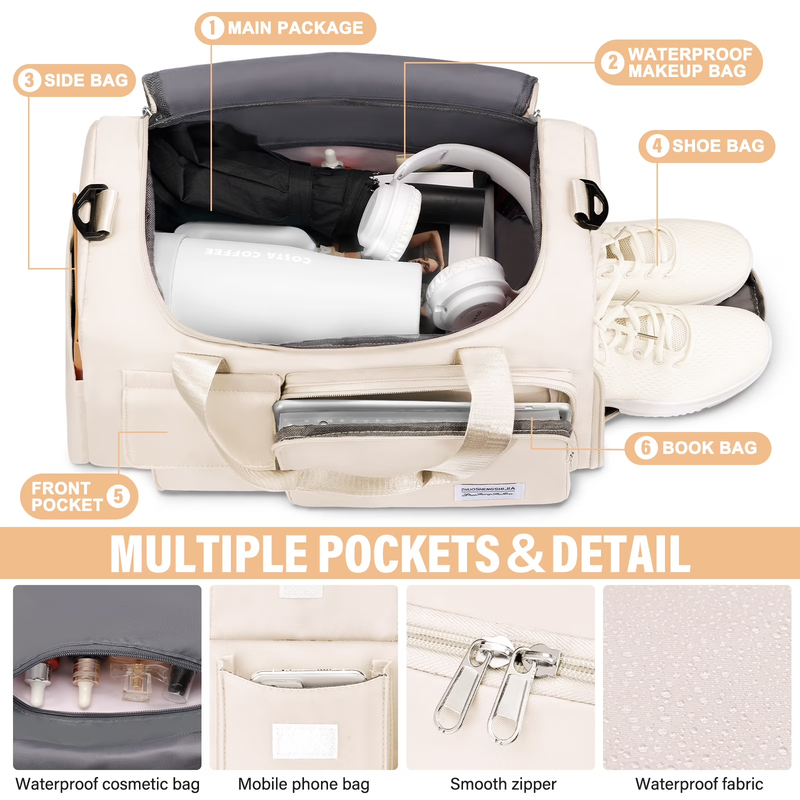 Gym Bag Women Shoe Compartment Dry Wet Travel Weekender Overnight Beige5