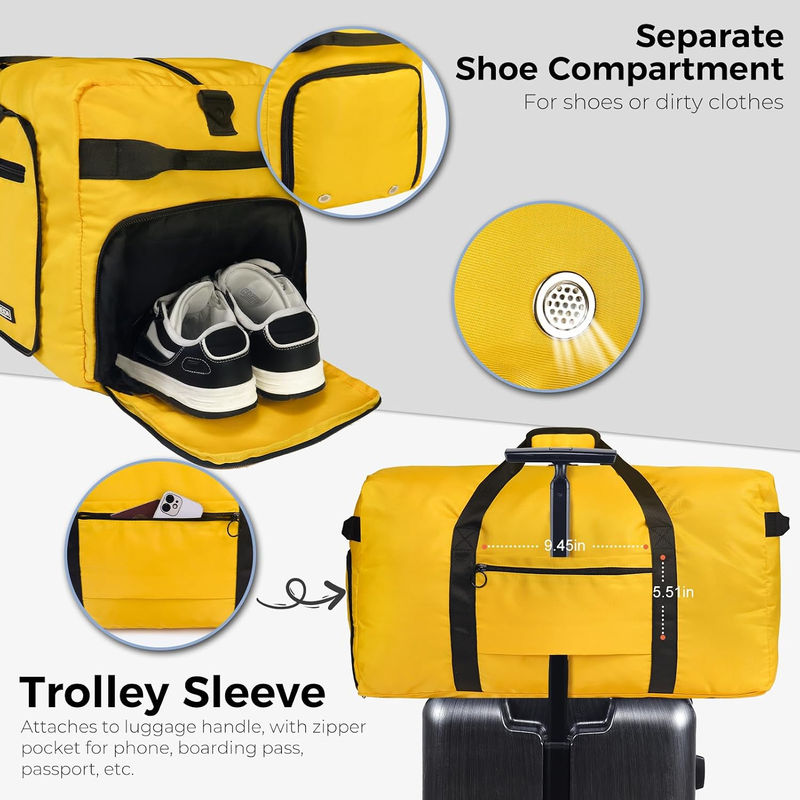 65L Travel Duffel Bag Foldable w/ Shoe Compartment Water Resistant Gray4