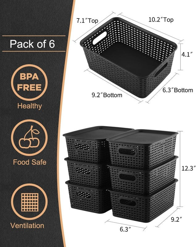 6 Pack Plastic Storage Bins with Lids, Stackable Organizer Baskets Black2