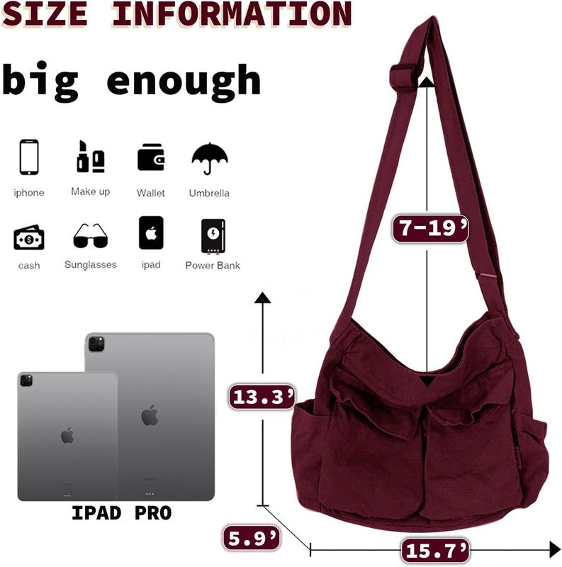 Canvas Messenger Bag Large Hobo Crossbody Multiple Pockets Shoulder Tote Unisex3