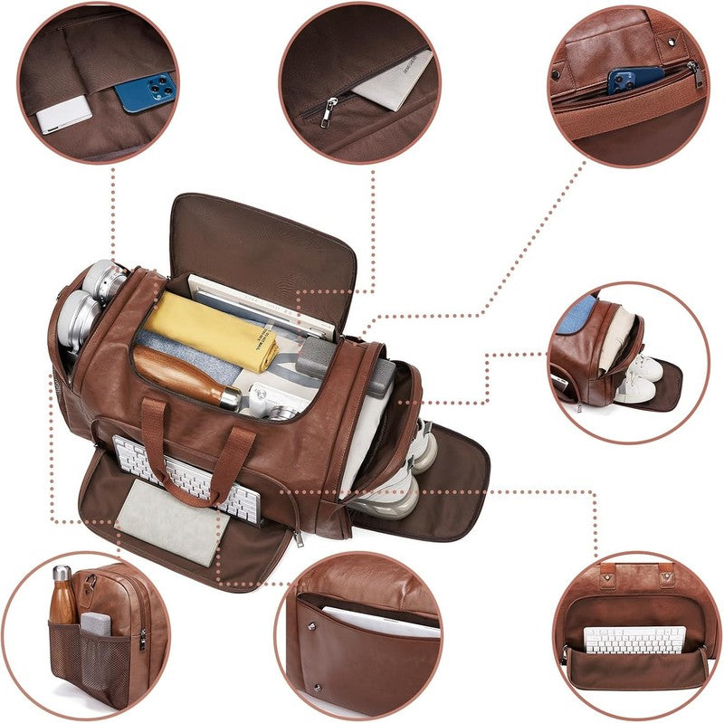 Leather Travel Duffle Bag Weekender Waterproof Shoe Compartment Gym Bag1