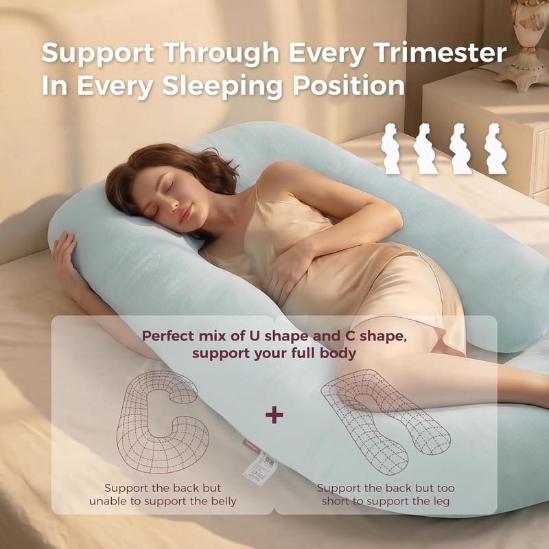 57in U Shaped Pregnancy Pillow Full Body Maternity Pillow Cotton Blue5