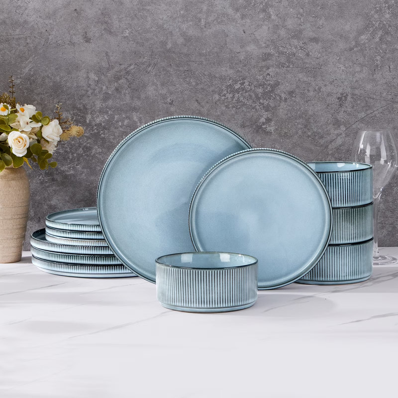 12Pc Stoneware Dinnerware Set for 4 Ribbed Plates Bowls Smoky Blue8