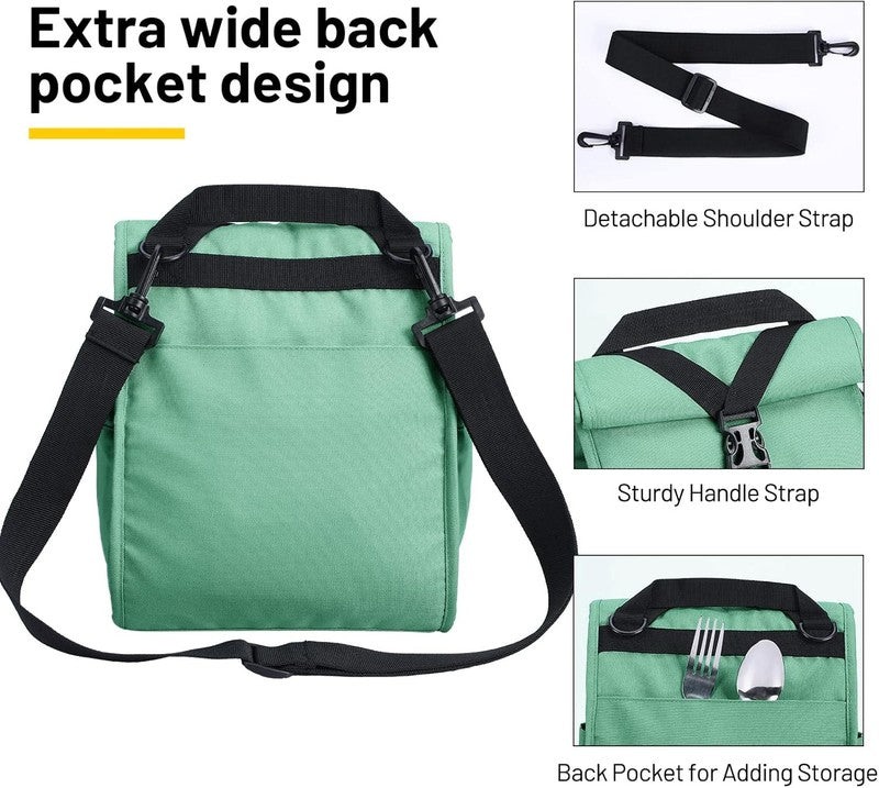 Insulated Roll Top Lunch Bag for Women Men Foldable Tote w/ Shoulder Strap Green2