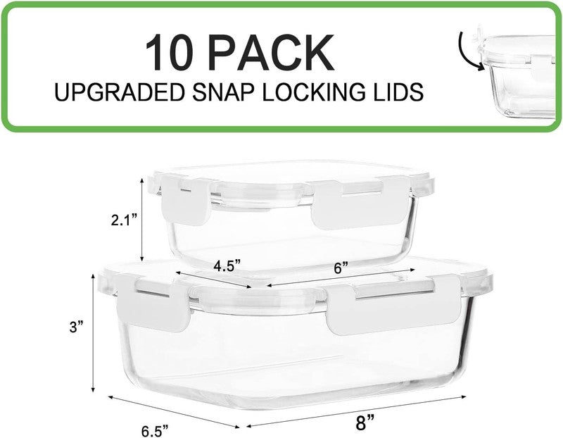 10 Pack Glass Meal Prep Containers Airtight Snap Lock Lids White1