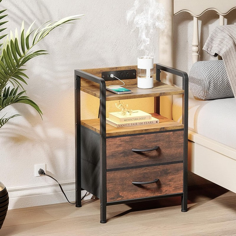Nightstand w/ Charging Station LED Light 2 Fabric Drawers USB & AC Outlets Brown1